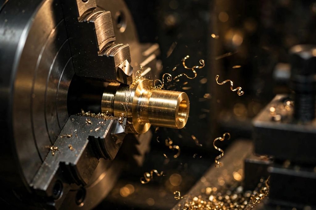 CNC lathe machining a precision brass component