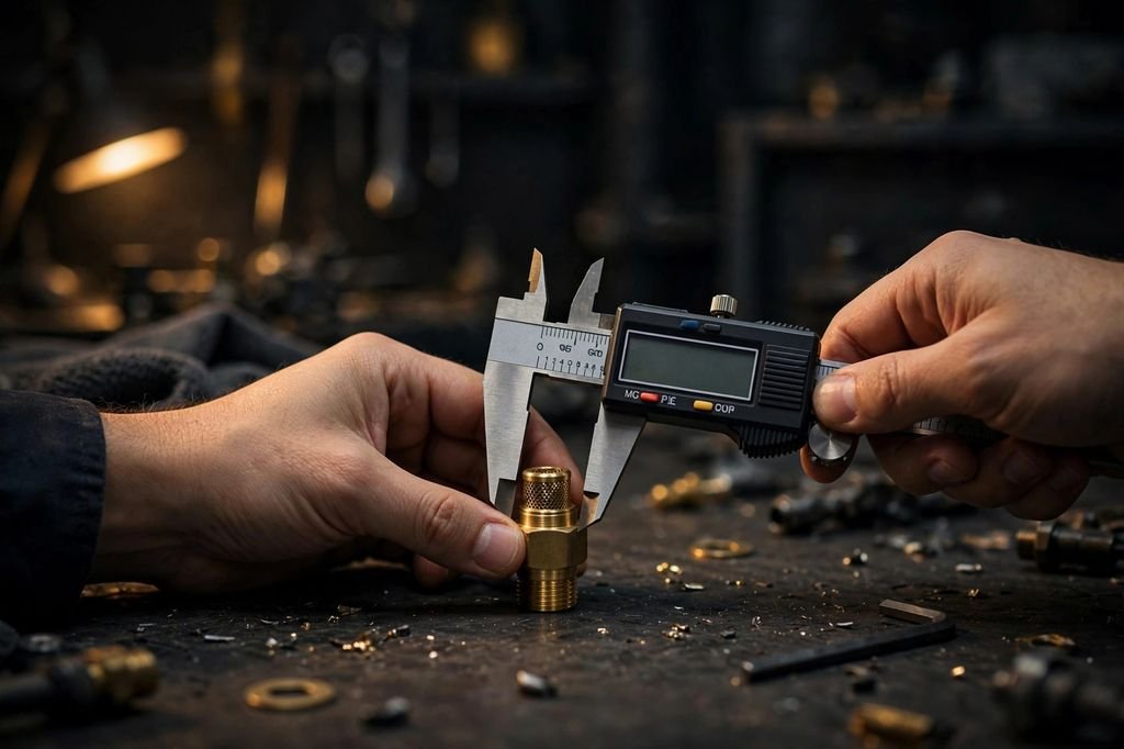 Quality inspector measuring a brass vent with digital caliper