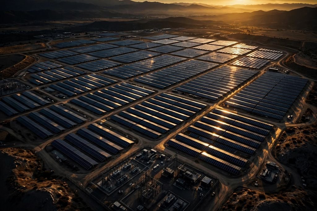 Aerial view of a solar panel farm at sunset
