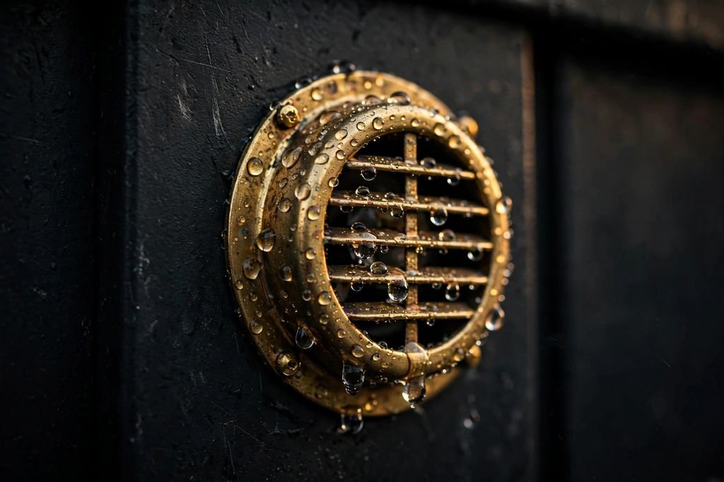 Water beading on a brass vent on a solar enclosure