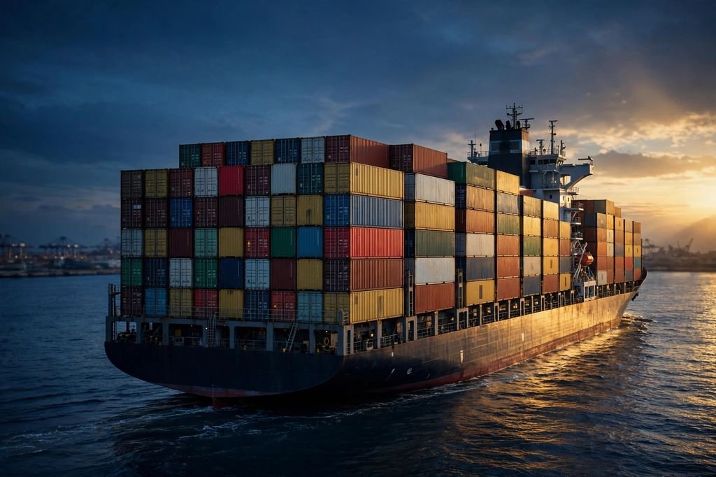 Container ship carrying export cargo at dusk