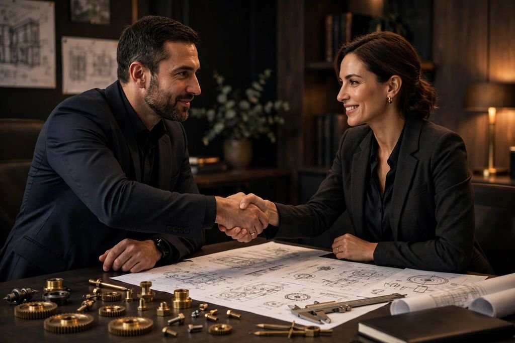 Business handshake over brass components and drawings