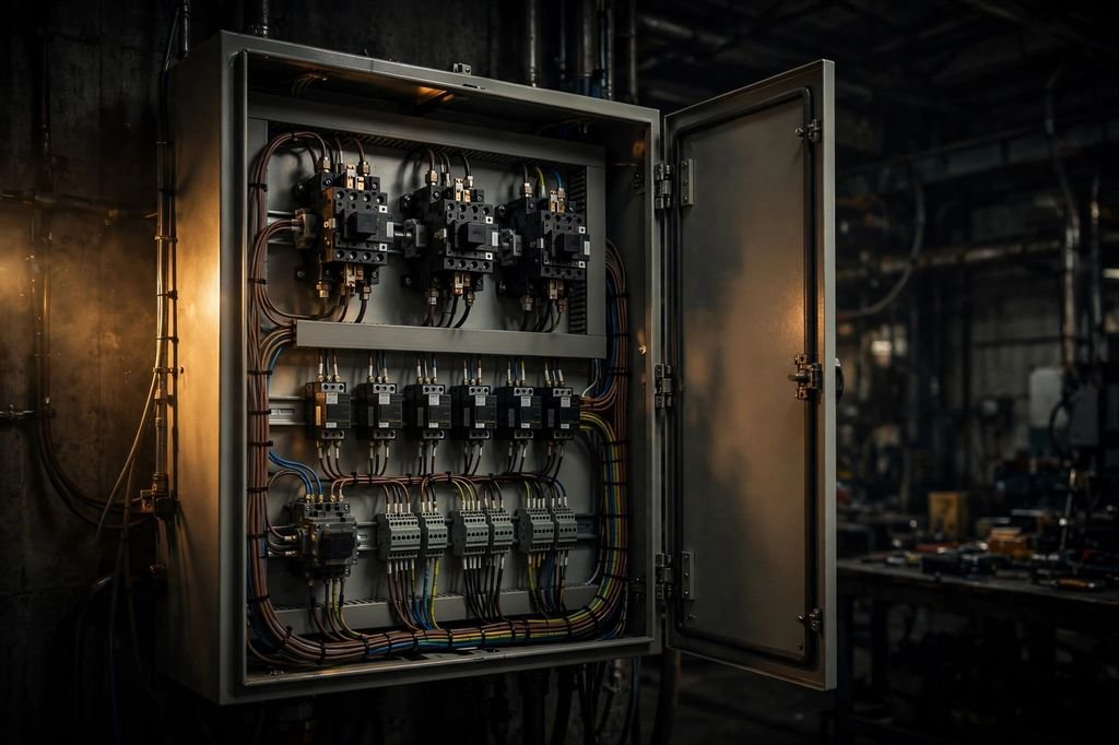 Open industrial electrical control panel